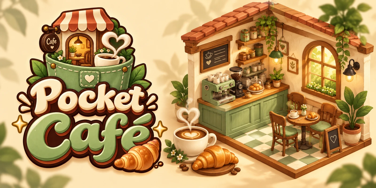 Pocket Café: a cozy café with a coffee machine, pastries and plants